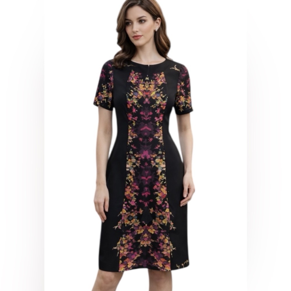 Tahari Petite Floral Sheath Dress Black Colorblock Size 4P Career Office